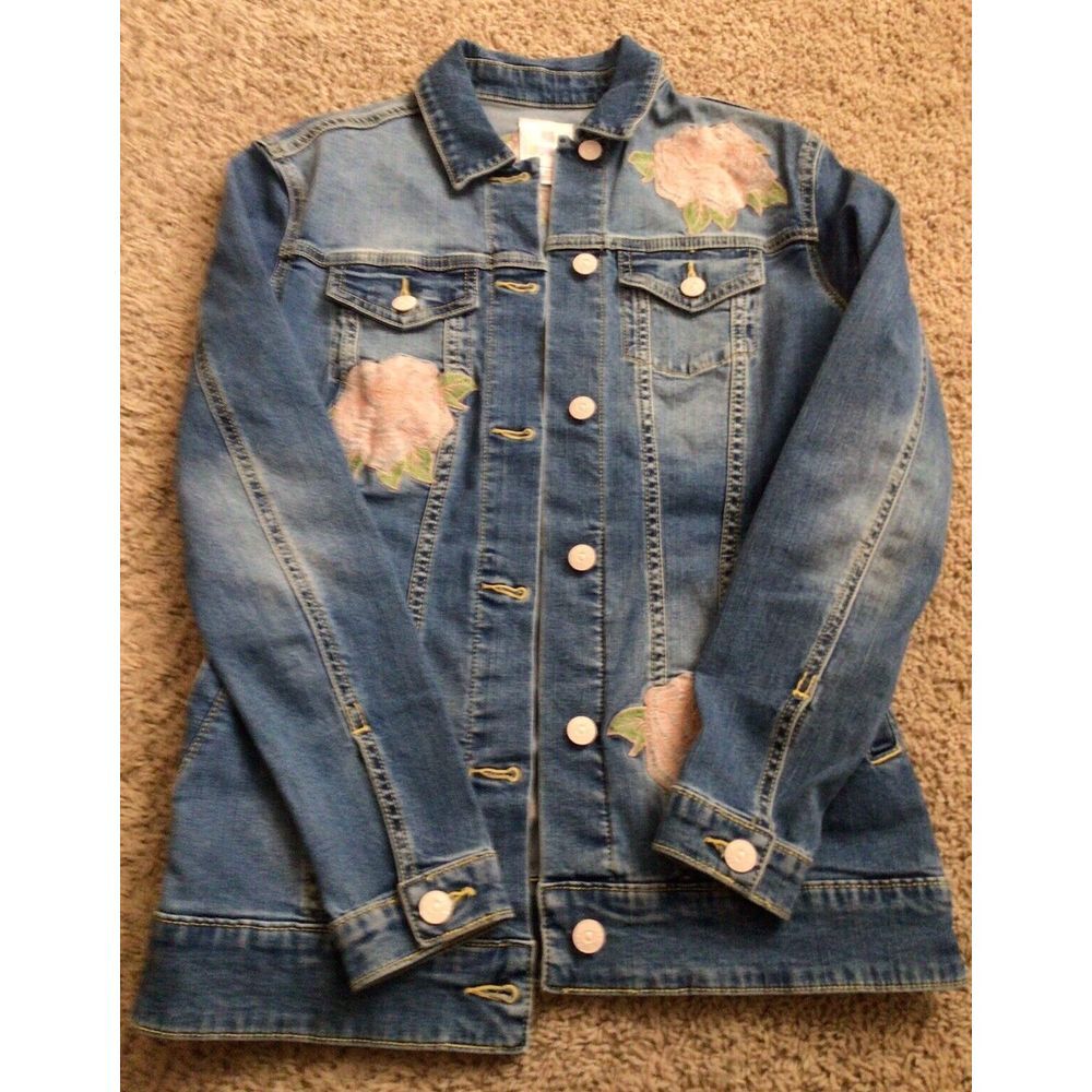 LuLaRoe Jean Jacket (Womens Size XS) Blue Stretch Denim, Embroidery Peach Roses